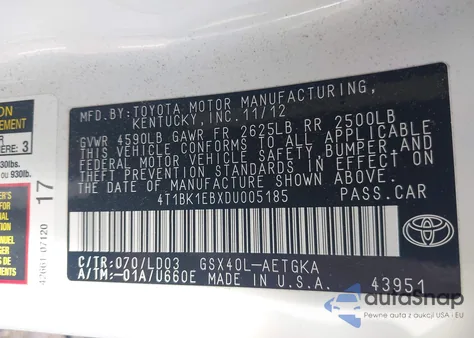 2013 Toyota Avalon Xle из США, поврежденный, VIN 4T1BK1EBXDU005185